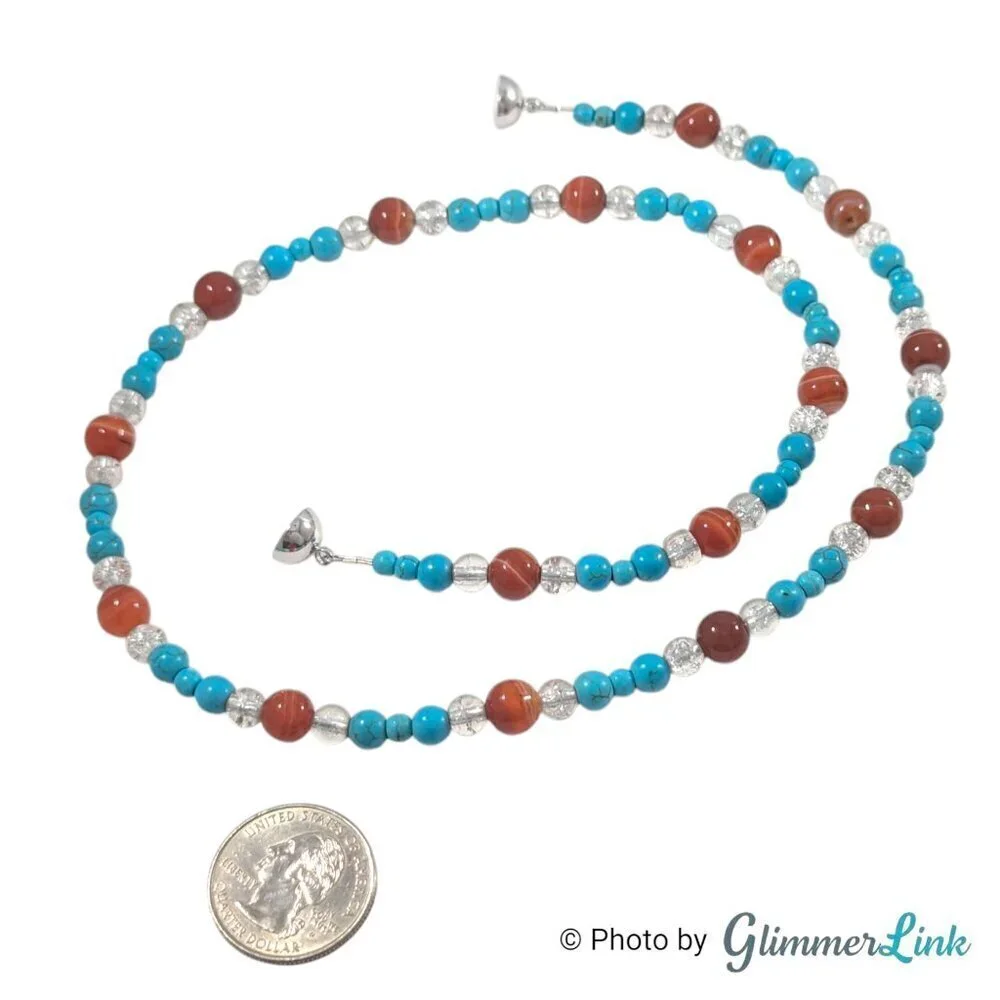 Teal Blue & Burnt Orange Gemstone Glass Beaded Silver Tone Necklace
